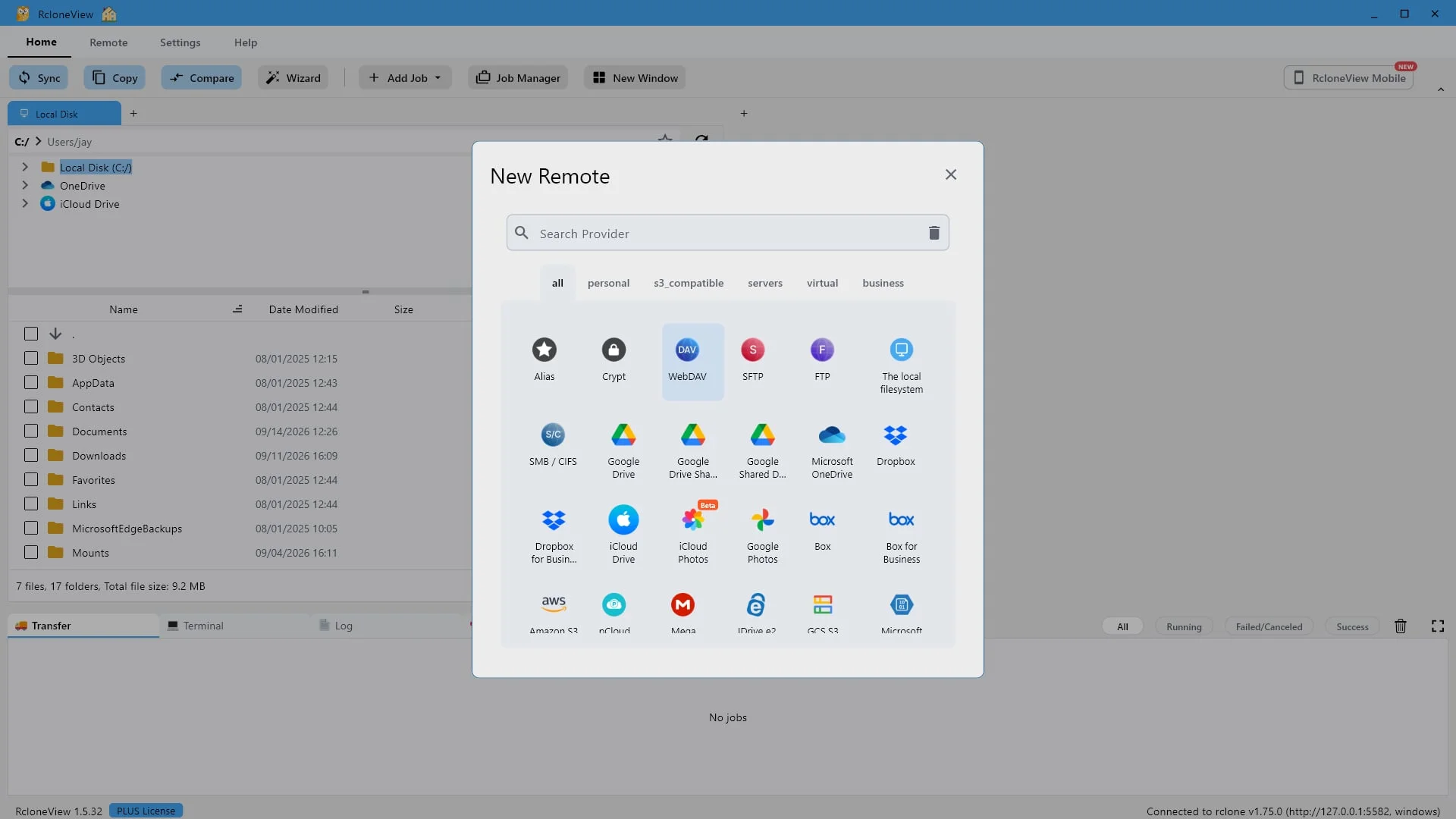 Schritt 3: Wählen Sie einen Anbieter. RcloneView unterstützt über 80 Backends. Wählen Sie „WebDAV“.