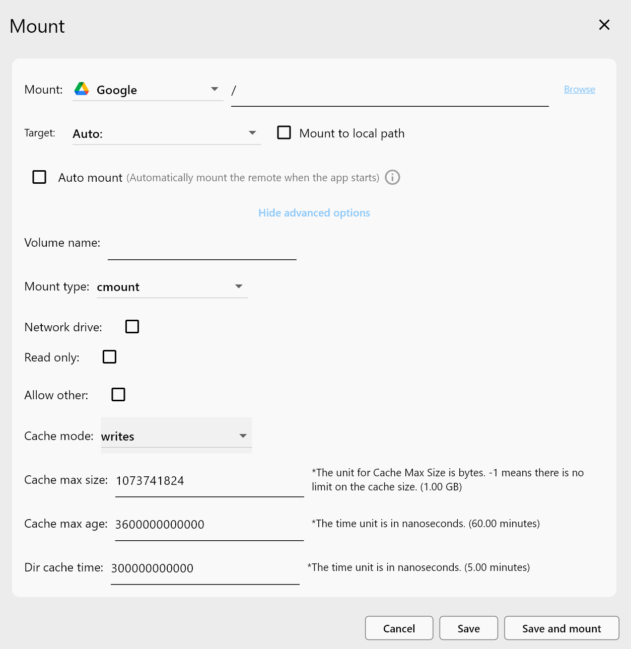 Configure mount from Mount Manager