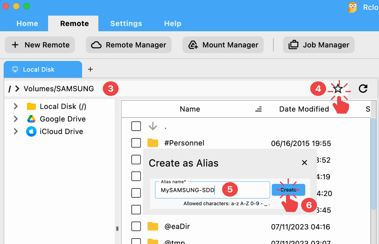 creat alias remote for external hdd