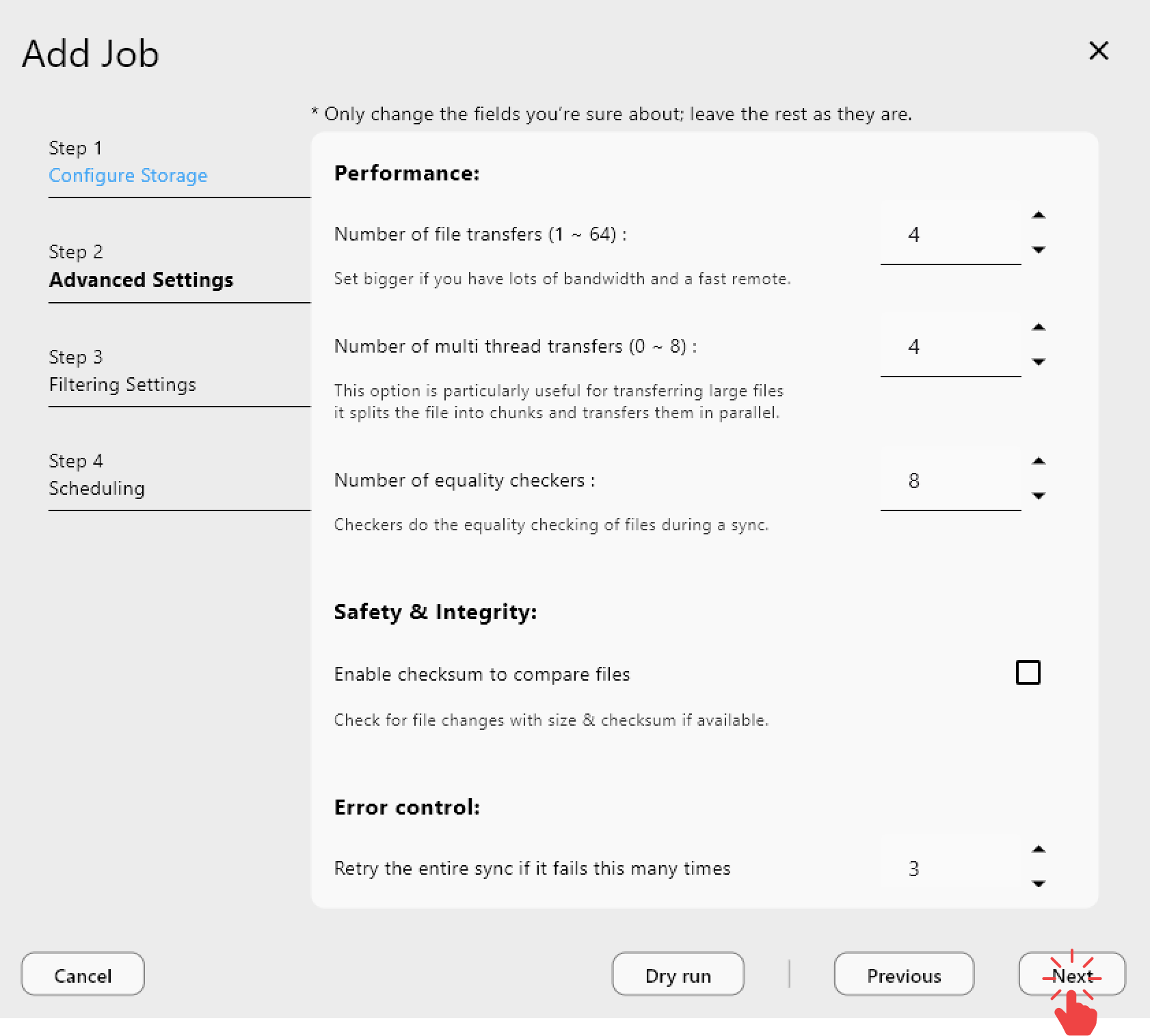 add job advnaced settings