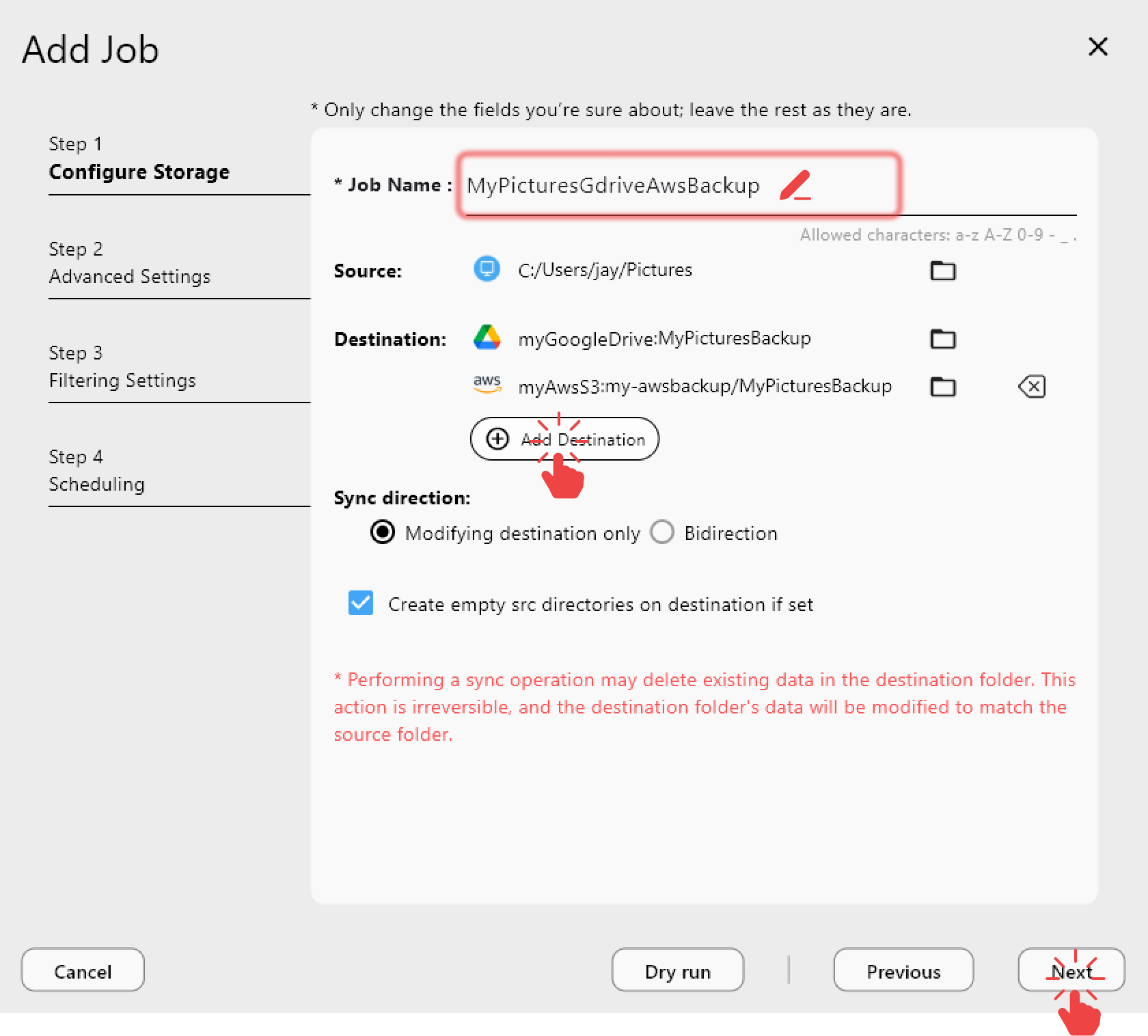 add job configure storage