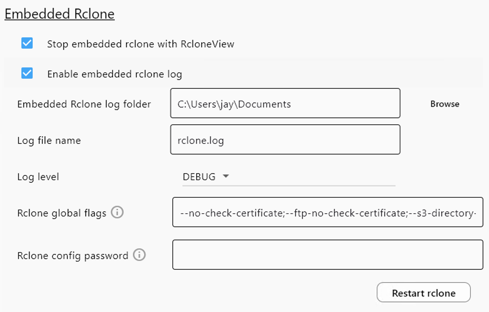 embedded rclone settings