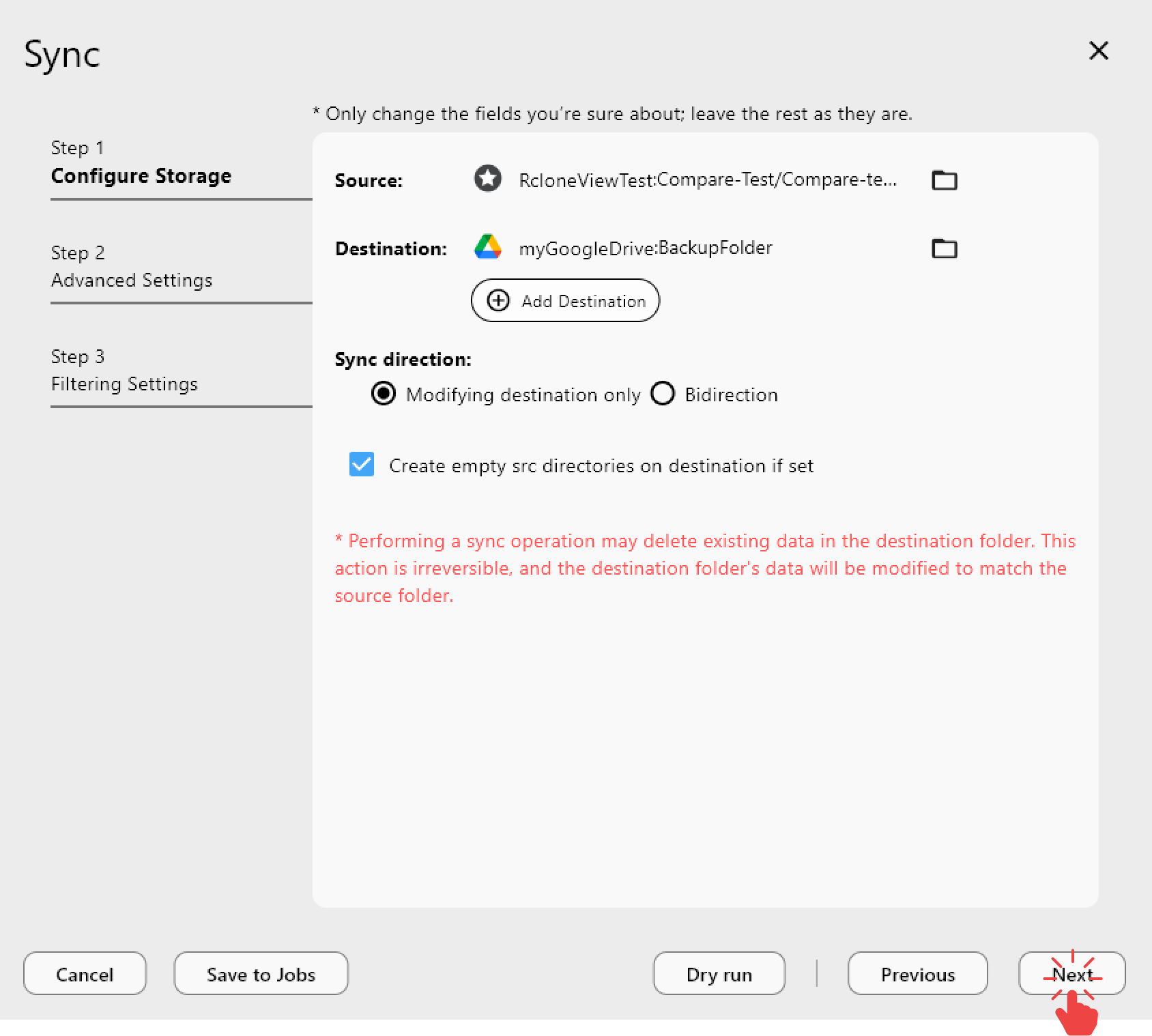 sync configure storage