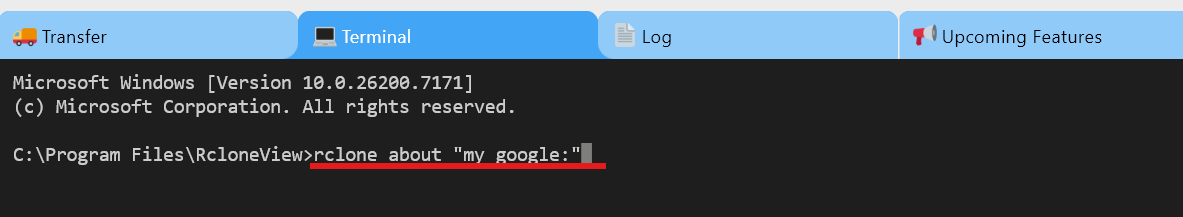 terminal input rclone about my google