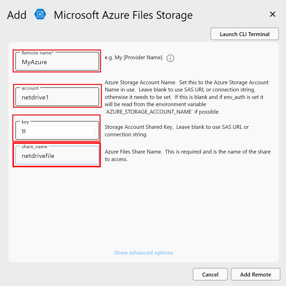 remote configure azure file storage