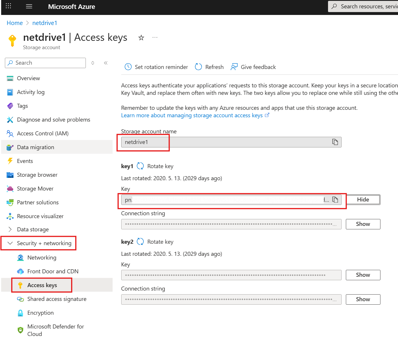 get azure storage account name and account shared key