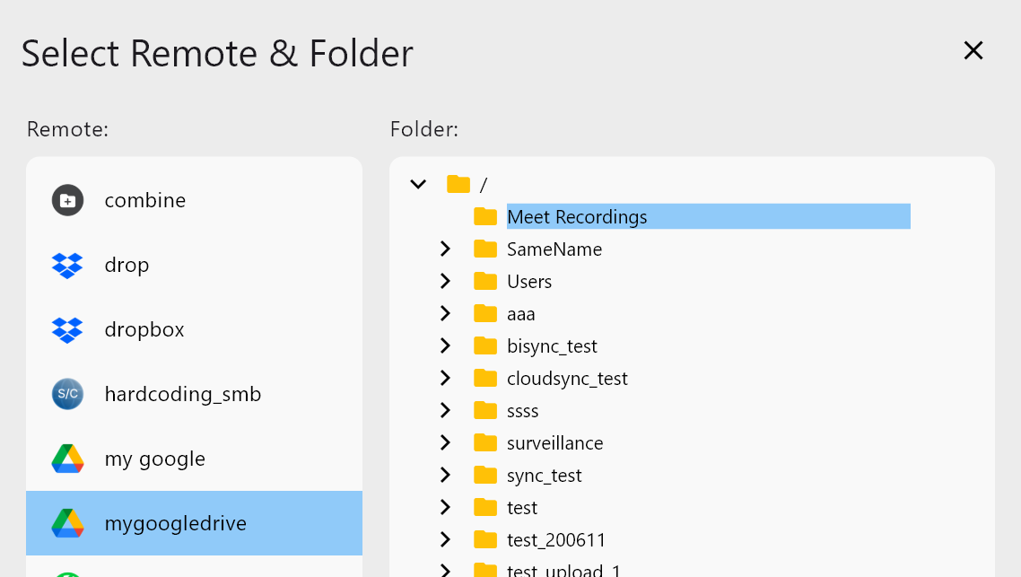 select target remote and folder for crypt