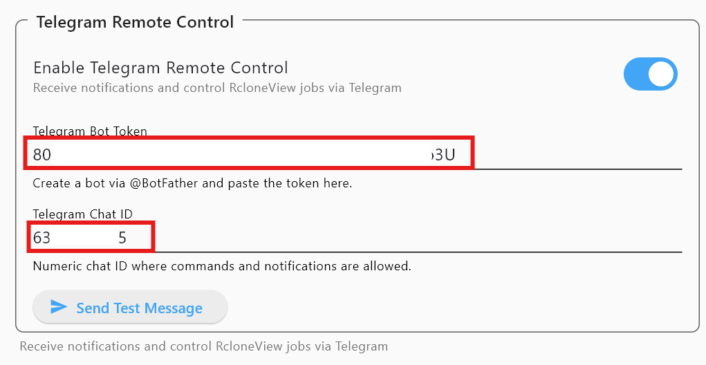 rcloneview telegram token chat id fields