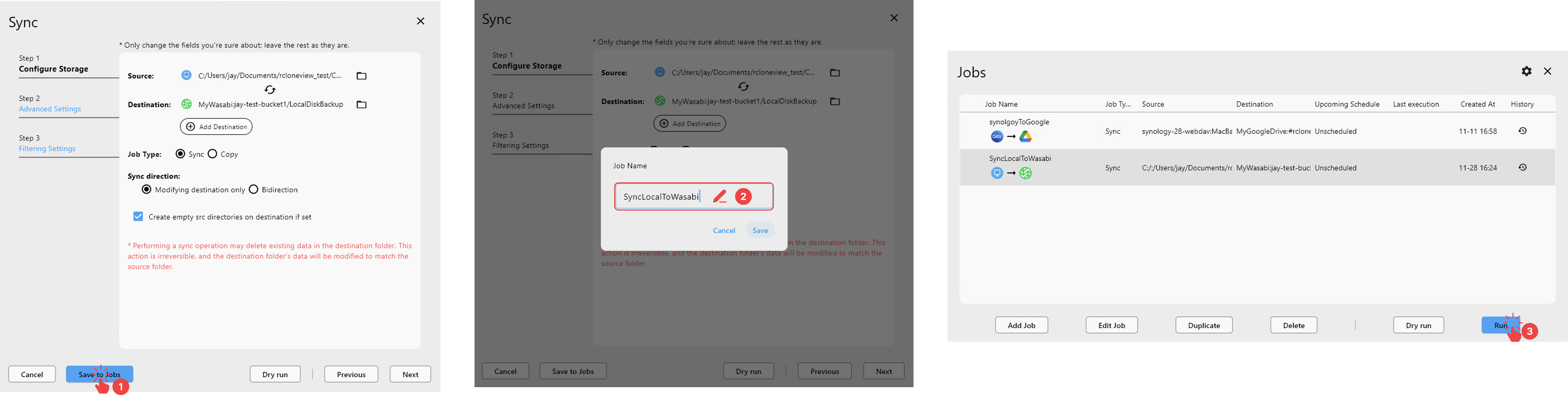 wasabi saved sync job execution